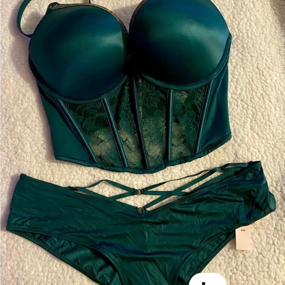 Victoria's Secret Dark Green Lace Bustier Set